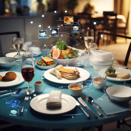 Table served for breakfast in modern dining room with digital interface on the screenの素材