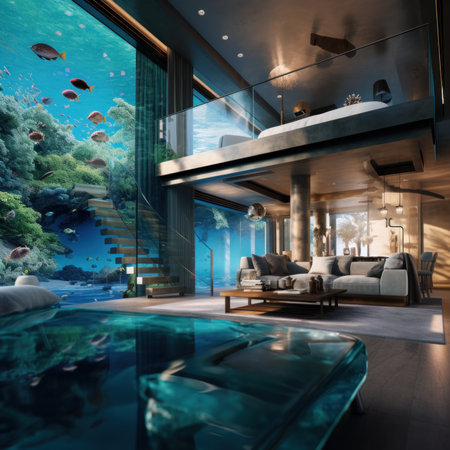 3d rendering of a modern house in ocean with  a beautiful underwater view.の素材