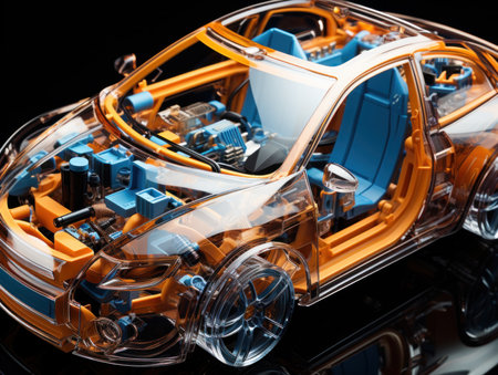 3d illustration of a car model on a black background with reflectionの素材