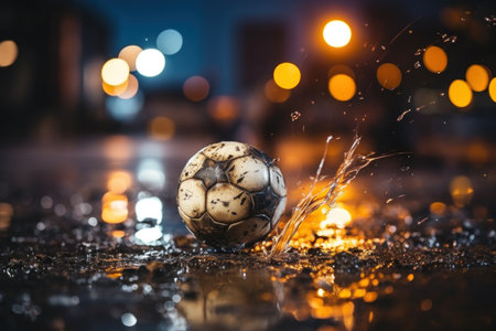 Soccer ball on wet asphalt. Blurred background. Selective focusの素材