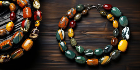 Necklace on a dark wooden background. Beads and bracelets.の素材