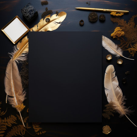 Blank black book cover mockup with feathers, gold decorations and golden pen on dark wooden background.の素材
