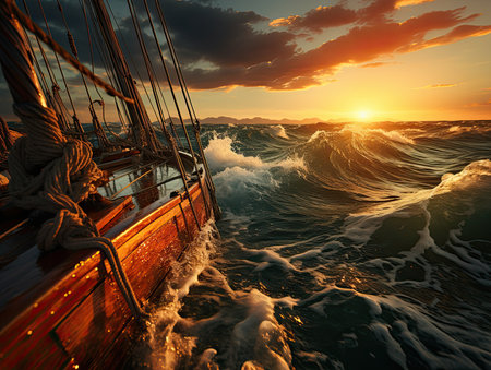 Yacht sailing in the sea at sunset. 3D render.の素材