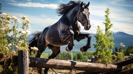 Beautiful black stallion jumps over a fence in the mountains.の素材