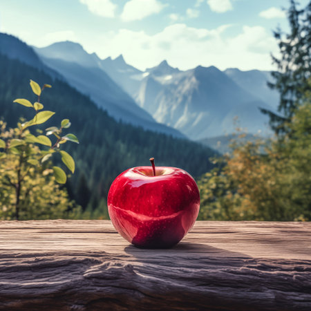 Red apple on wooden table in front of mountain landscape. Toned imageの素材