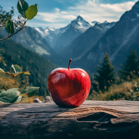 Red apple on a wooden table against the background of mountains and forestの素材