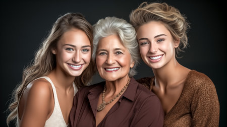 Portrait of three beautiful senior women smiling at camera on black backgroundの素材