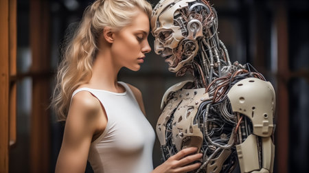 beautiful blonde girl posing with artificial robot, looking at each otherの素材