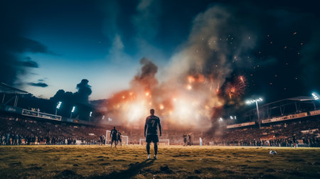 Rear view of a soccer player on the field at night.の素材