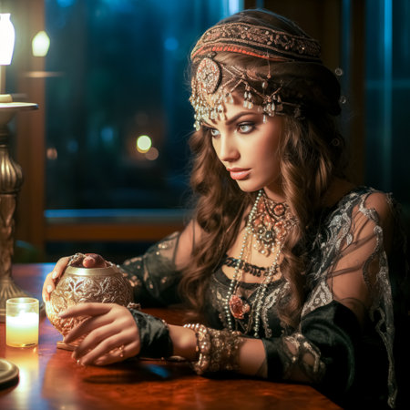 Beautiful young, psychic woman in medieval costume with golden ball on dark background.  Fantasy portrait of a beautiful witch in a dark room. Halloween.の素材