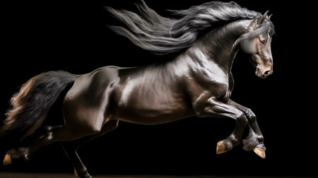 Arabian stallion running on black background. 3d rendering.の素材