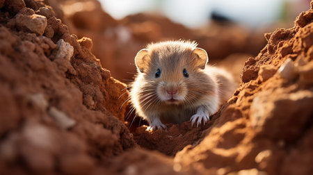 Hamster looking out of hole in the ground, close-upの素材