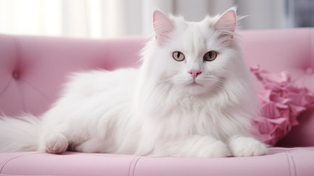 Beautiful white persian cat on sofa at home, closeupの素材