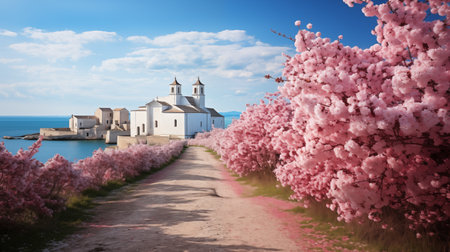 Beautiful spring landscape with blooming sakura trees and the churchの素材