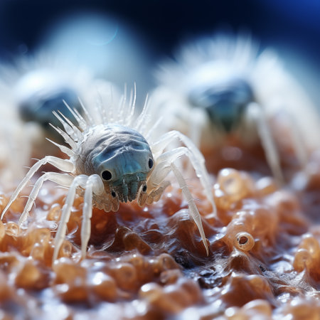 Macro shot of a jumping spider on a brown caviar.  Microscopic images of bacteria, viruses or mites.
3d illustration of microbe in abstract background.の素材