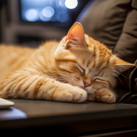 Cute ginger cat sleeping on the table at home, selective focusの素材
