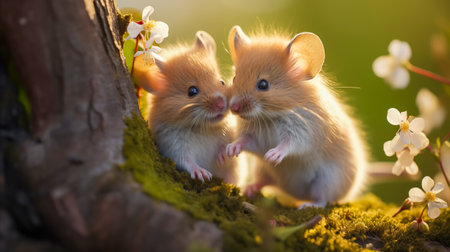 Two cute little hamsters playing in the garden on a spring dayの素材