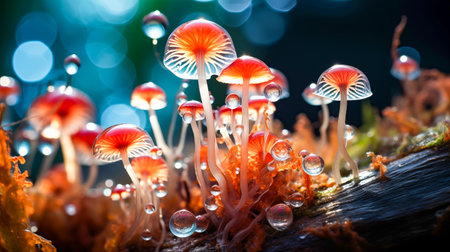 Macro shot of water droplets on the moss and mushrooms. Shallow depth of field.の素材