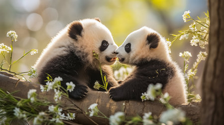 Two cute panda cubs are playing together in the park.の素材
