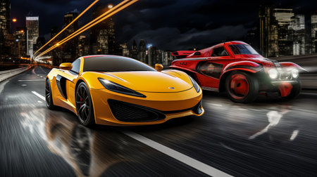 Conceptual image of sport car on the road. 3D renderingの素材