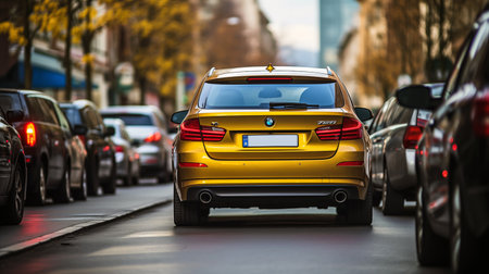 car on the road with traffic jam in the city of berlinの素材