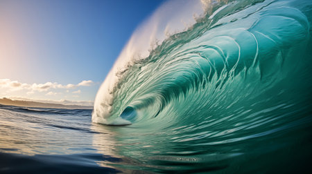 Surfing ocean wave. Blue ocean wave with splashes and spray.の素材