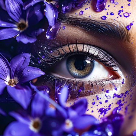 Close up of beautiful woman's eye with violet makeup and flowers.の素材