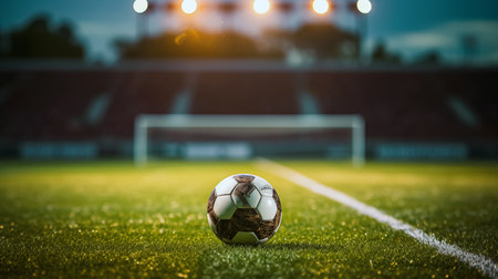 Soccer ball on the green field of stadium at night with lightsの素材