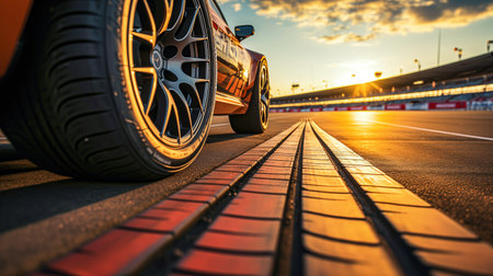 Racing car on the asphalt road at sunset. 3d rendering. 
Car tires on the track. Close-up of a car wheel. Toned image.の素材
