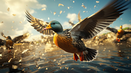Mallard ducks flying in the sky. 3D illustration.の素材