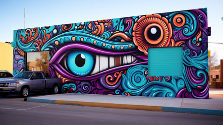 Graffiti on the wall. Mural art at The street. Colorful, abstract art painting on the wall in the public art gallery.の素材