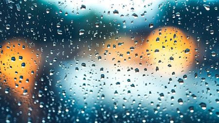 Rain drops on window glass with bokeh light background. Abstract background.の素材
