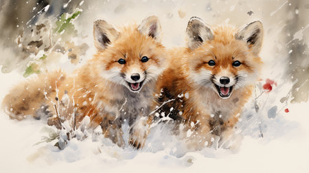Digital painting of a group of red foxes in the snow.の素材