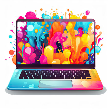 Colorful paint splashes on a laptop screen. Vector illustration.の素材
