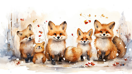 Cute fox family. Watercolor hand drawn illustration on white backgroundの素材
