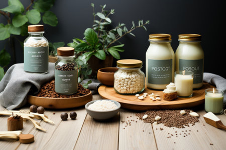 Spa products on a wooden table. Natural cosmetics for skin care.の素材