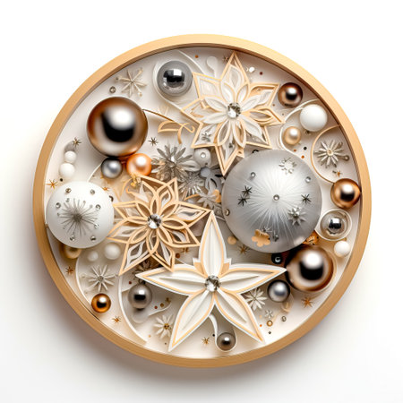 Christmas balls and snowflakes in a round frame on a white backgroundの素材