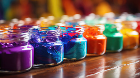 Colorful gouache paints in jars on wooden table. Selective focusの素材