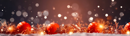 Christmas and New Year background with bokeh lights and red eggsの素材