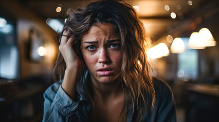 Portrait of upset, tired, upset, stressed, distracted, surprised, shocked woman sitting at table in cafe, looking at camera.の素材