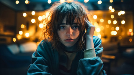 Portrait of upset, tired, upset, stressed, distracted, surprised, shocked woman sitting at table in cafe, looking at camera.の素材