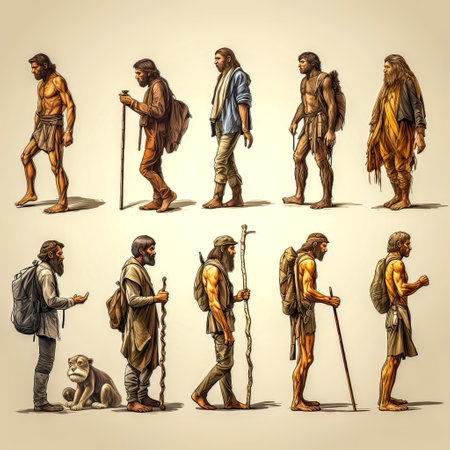 Set of ancient caveman with a stick and a monkey. Vector illustration.の素材