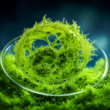 Green moss in petri dish on dark background. 3d renderingの素材