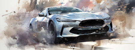 Sport car racing on watercolor background. 3D rendering and illustration.の素材