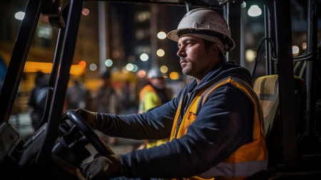 Worker driving forklift in the city at night. Selective focus.の素材