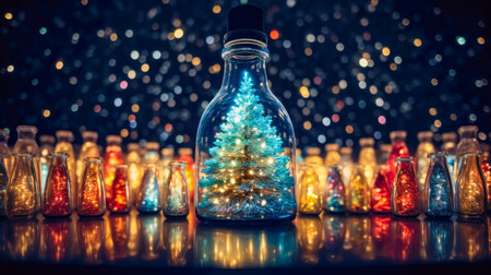 Christmas tree in a bottle on bokeh background. New Year concept.の素材