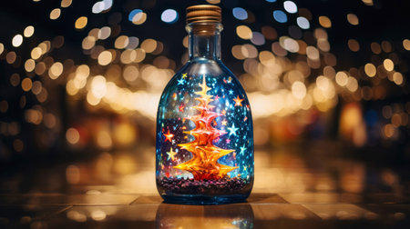 Glass bottle with christmas tree on the background of bokeh lightsの素材