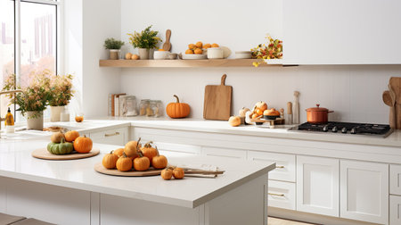 Modern white kitchen interior with pumpkins, oven and vase of flowersの素材