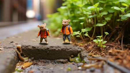 Miniature people : backpackers walking on the road in the cityの素材