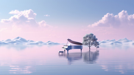 Piano and tree on the lake - 3d render illustration.の素材